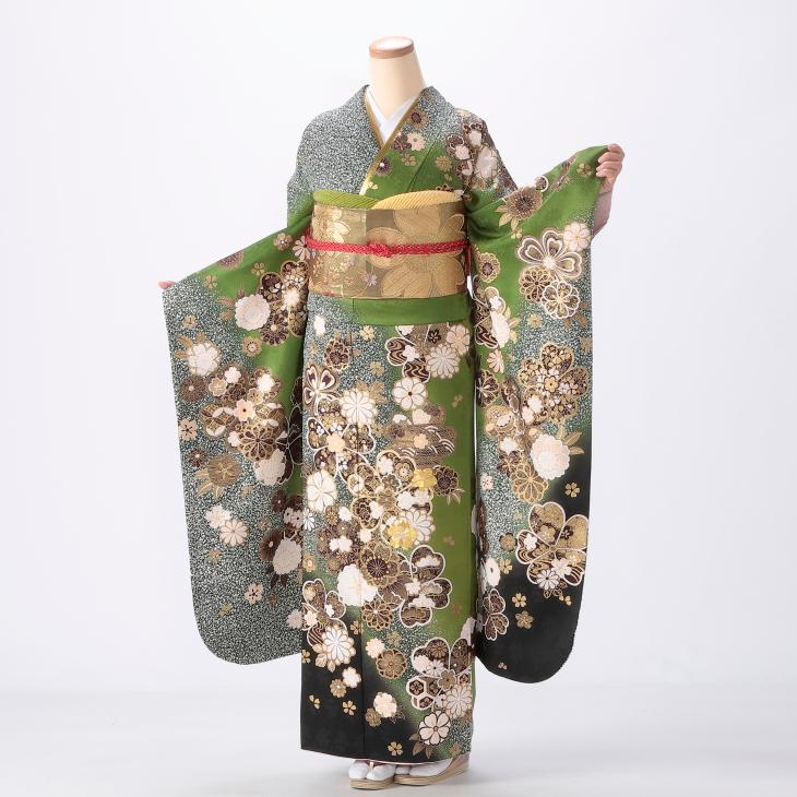 振袖 成人式 フルセット Lサイズ 花柄 グリーン系 着物 購入 正絹 結婚式 卒業式 セット 46338 爆買