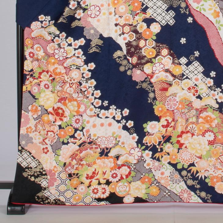 京都きもの友禅 振袖 成人式 フルセット Mサイズ 古典柄 青・紺系 着物