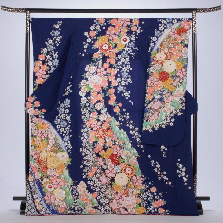396.振袖7点セット　正絹　フルセット　成人式　京都きもの友禅 京都きもの友禅 振袖 中古 フルセット 成人式 Mサイズ 古典 青