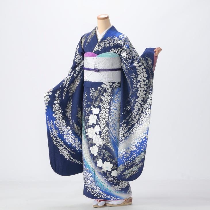 振袖フルセット　成人式　結婚式　京都きもの友禅・ソフトガード加工済　駒刺繍　正絹 京都きもの友禅 振袖 成人式 フルセット Mサイズ モダン柄 青・紺系