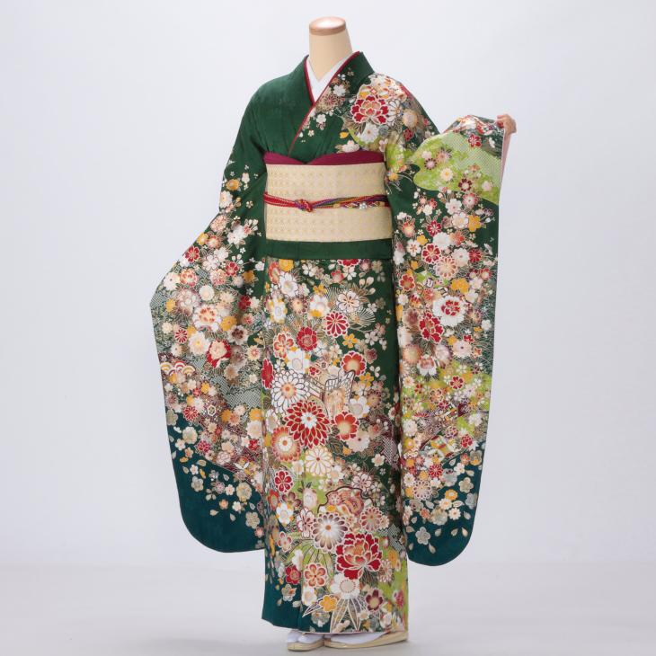 京都きもの友禅 振袖 中古 フルセット 成人式 Lサイズ 古典 グリーン系