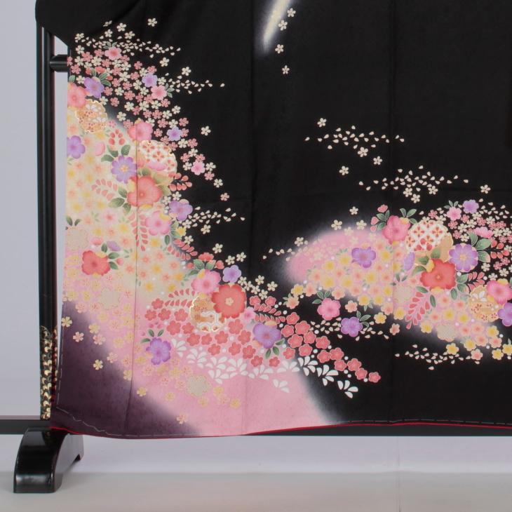 京都きもの友禅 振袖 成人式 フルセット Sサイズ 花柄 黒系 着物 購入