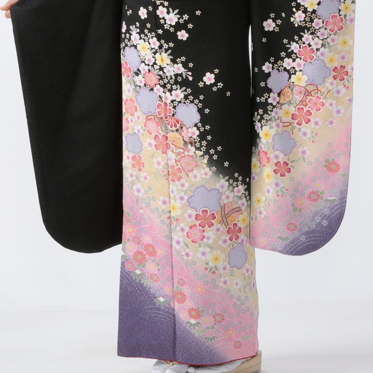 京都きもの友禅 振袖 成人式 フルセット Sサイズ 花柄 黒系 着物 購入