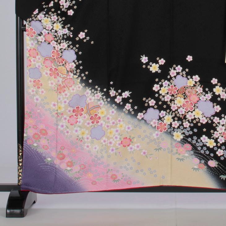 振袖 成人式 フルセット Sサイズ 花柄 黒系 着物 購入 正絹 結婚式 卒業式 セット 爆買の画像