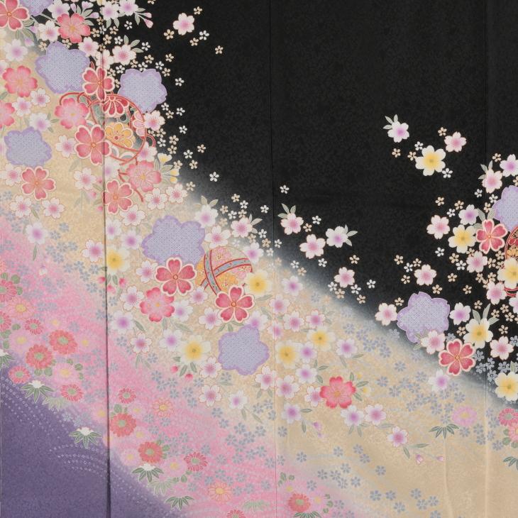 振袖 成人式 フルセット Sサイズ 花柄 黒系 着物 購入 正絹 結婚式 卒業式 セット 爆買の画像