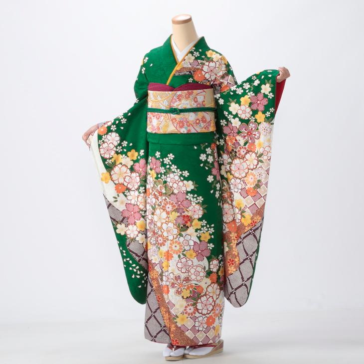 振袖 フルセット 華やかな花柄 緑色　京都きもの友禅 京都きもの友禅 振袖 成人式 フルセット LLサイズ 花柄 グリーン系