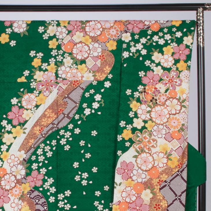 京都きもの友禅 振袖 成人式 フルセット LLサイズ 花柄 グリーン系