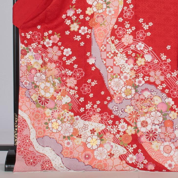 京都きもの友禅 振袖 成人式 フルセット LLサイズ 花柄 赤・ワイン系