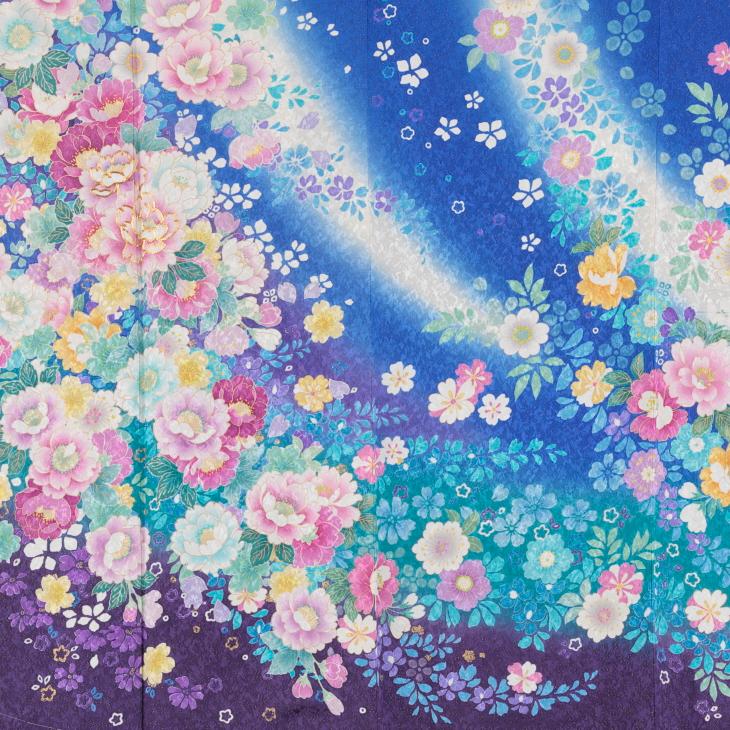 京都きもの友禅 振袖 成人式 フルセット Mサイズ 花柄 青・紺系 着物