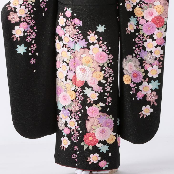 京都きもの友禅 振袖 成人式 フルセット Mサイズ 花柄 黒系 着物 購入