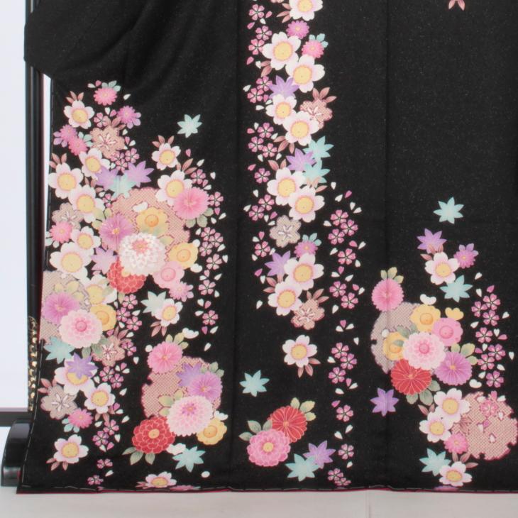 京都きもの友禅 振袖 成人式 フルセット Mサイズ 花柄 黒系 着物 購入