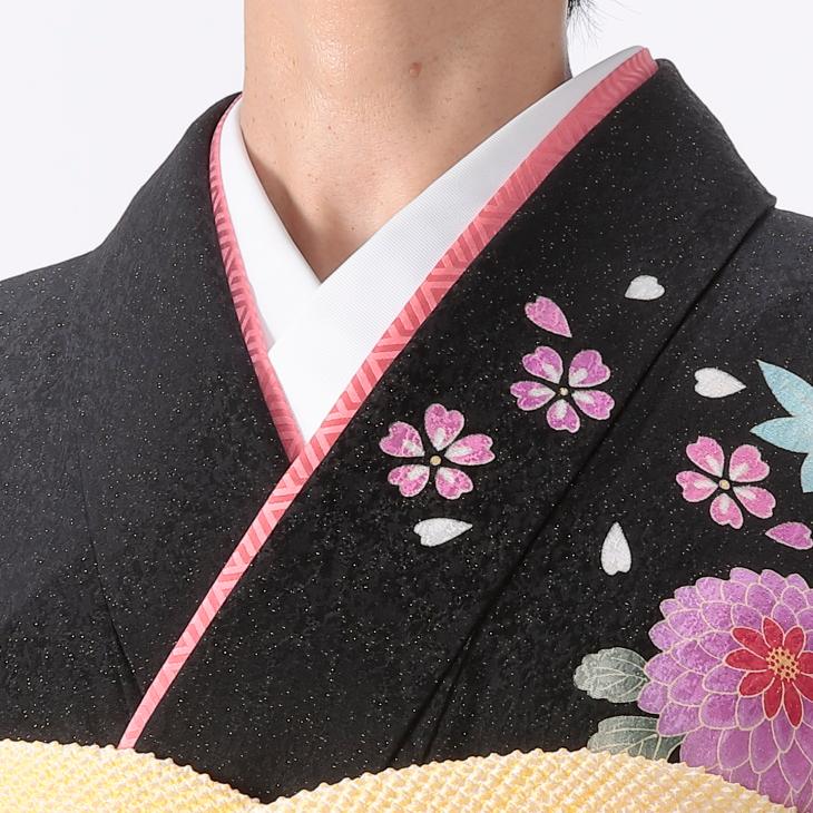 京都きもの友禅 振袖 成人式 フルセット Mサイズ 花柄 黒系 着物 購入