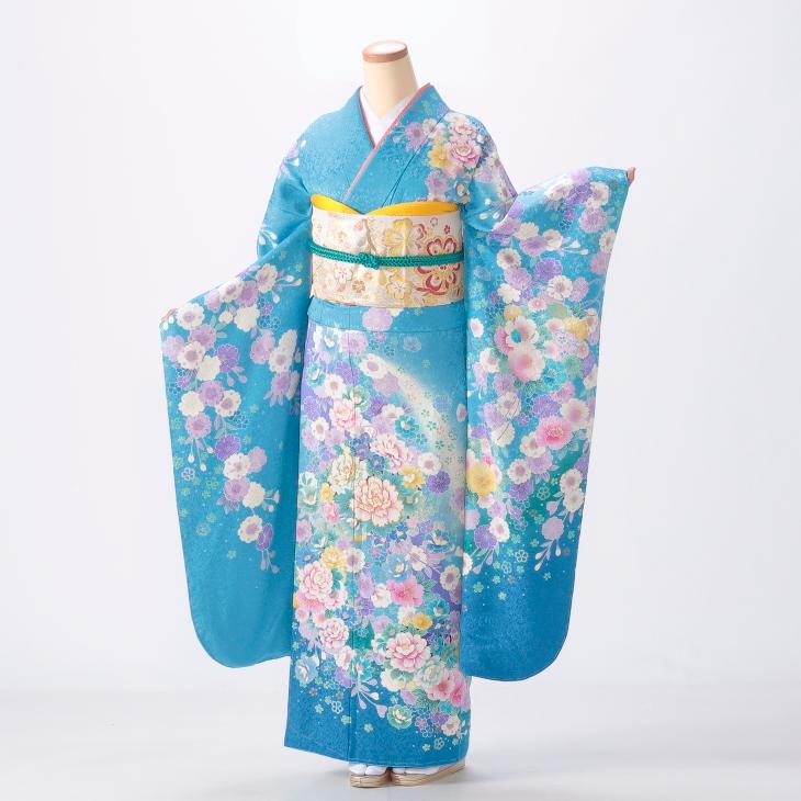 京都きもの友禅 振袖 成人式 フルセット Mサイズ 花柄 青・紺系 着物