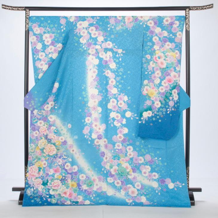 京都きもの友禅 振袖 成人式 フルセット Lサイズ 花柄 青・紺系 着物