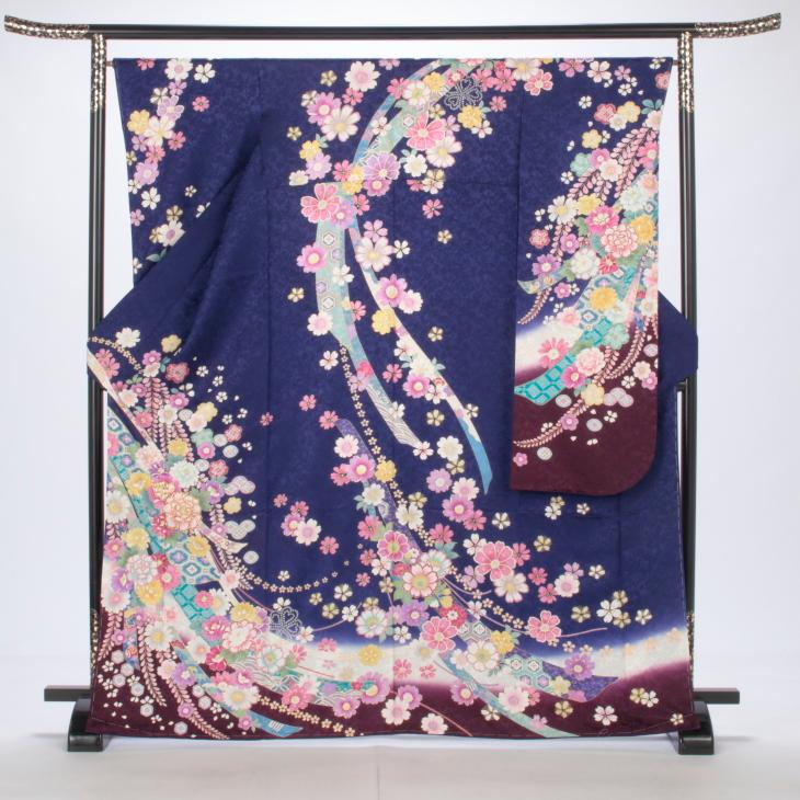 京都きもの友禅 振袖 成人式 フルセット Mサイズ 花柄 青・紺系 着物