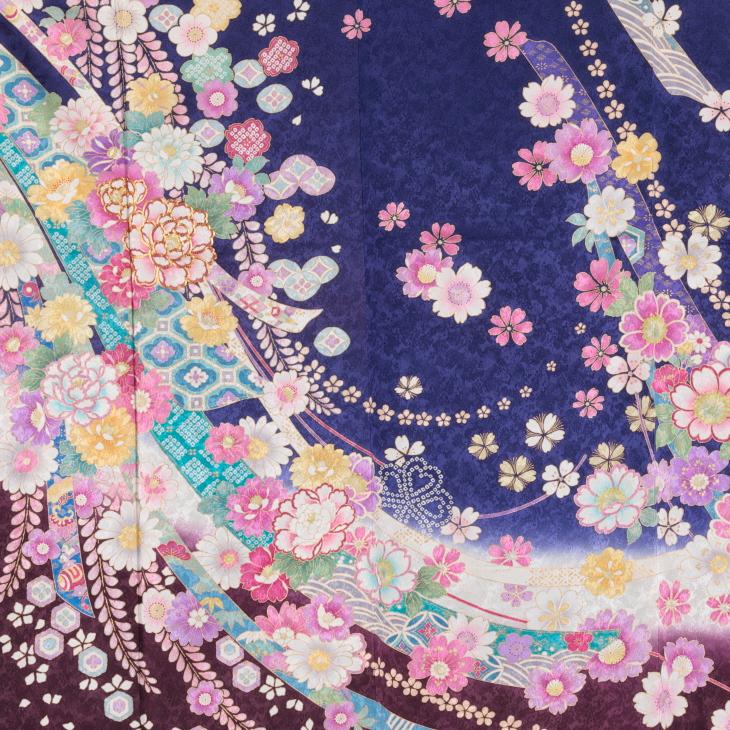 京都きもの友禅 振袖 成人式 フルセット Mサイズ 花柄 青・紺系 着物