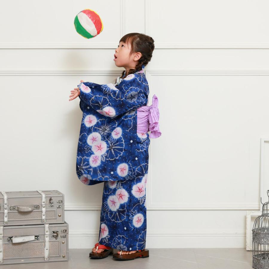 レトロ　浴衣　キッズ　子供　女の子　150cm　ブルー　花柄　兵児帯　新品　赤 浴衣 子供 女の子 セット 兵児帯 2点セット 紺 ネイビー 水色 紫陽花