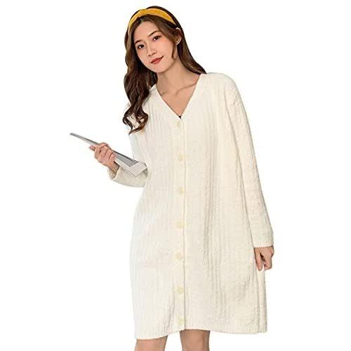 ルームウェア レディース パジャマ もこもこ ワンピース 無地 ボタン 前開き 長袖 カーディガン ボーダー柄 ホワイト Free Size 5年保証