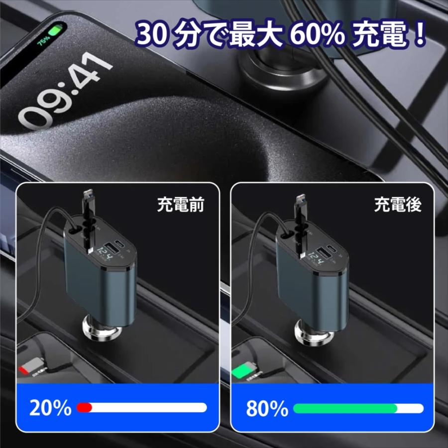 シガーソケット カーチャージャー 4台同時充電 車載 充電器 ケーブル
