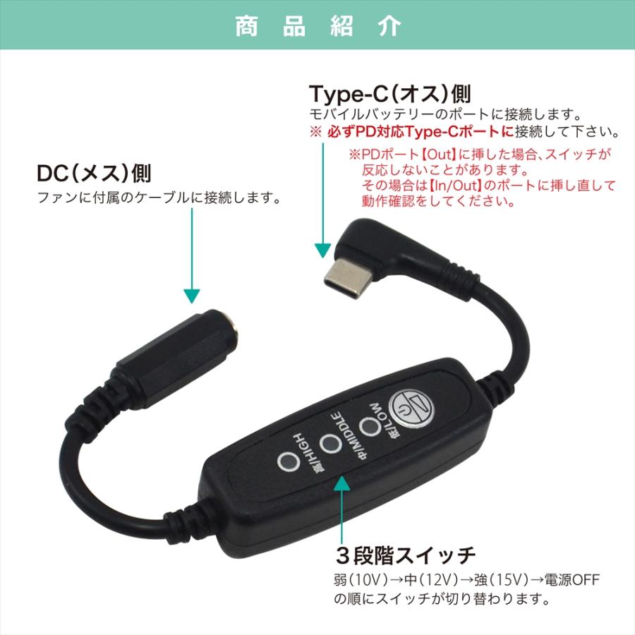 14.4V 空調ファン FA01012 対応 Type-C昇圧 アダプター 15V L型 ファン