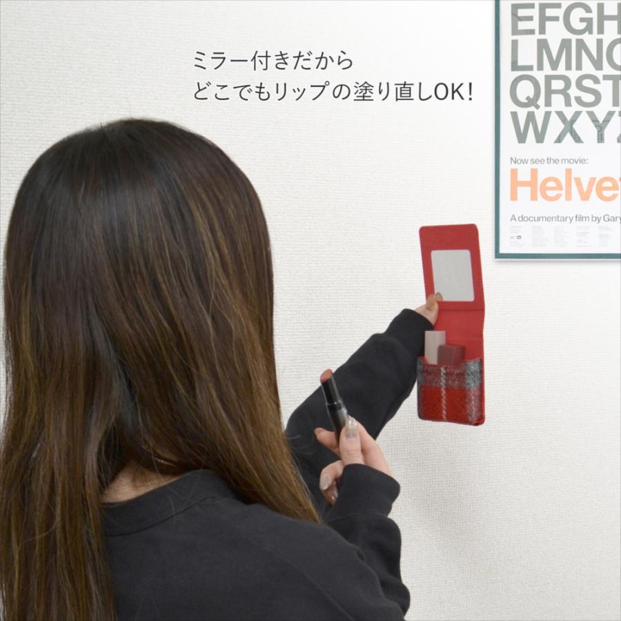 リップケース ミラー付き コスメポーチ チェック柄 メイクポーチ
