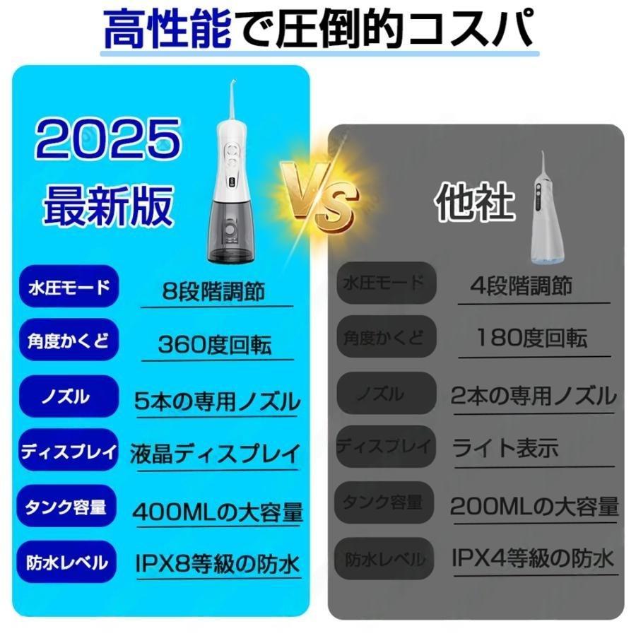 口腔洗浄器 ジェットウォッシャー 歯垢除去 8つモード 400mlタンク大容量 5種類ノズル IPX7防水 高圧洗浄 歯周ポケット 携帯型 旅行 安い 新品 2026新登場の画像