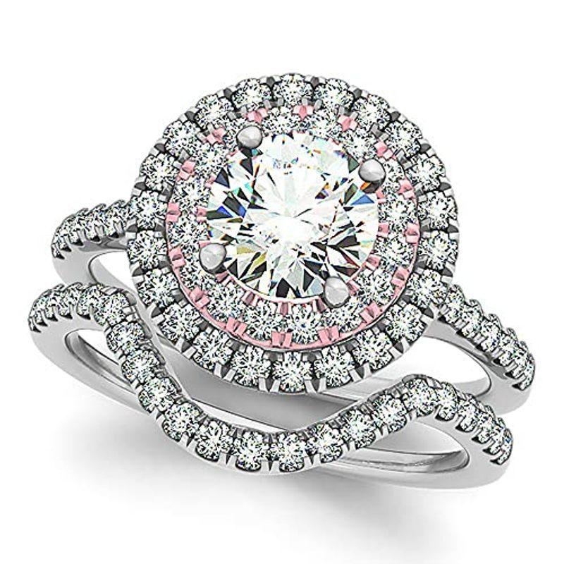Ladies Double Halo Diamond Engagement Ring and Contour Wedding Band Br