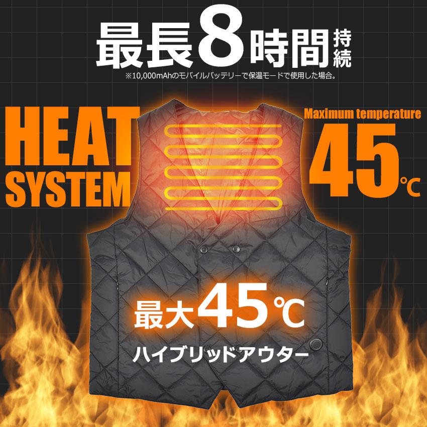 電熱ベスト メンズ Vネック おしゃれ 速暖 ブラック カーキ 防寒 45℃ モバイルバッテリー付き 中綿 インクルーシブ IN-1236F｜z-craft｜05