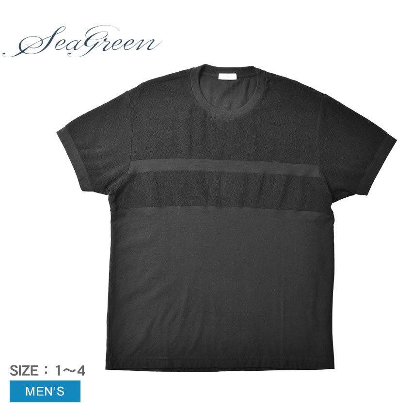 送料無料 シーグリーン 半袖Tシャツ メンズ パイル ボーダー ショートスリーブTシャツ SEAGREEN MSEA22S8268-M 黒 無地｜z-mall