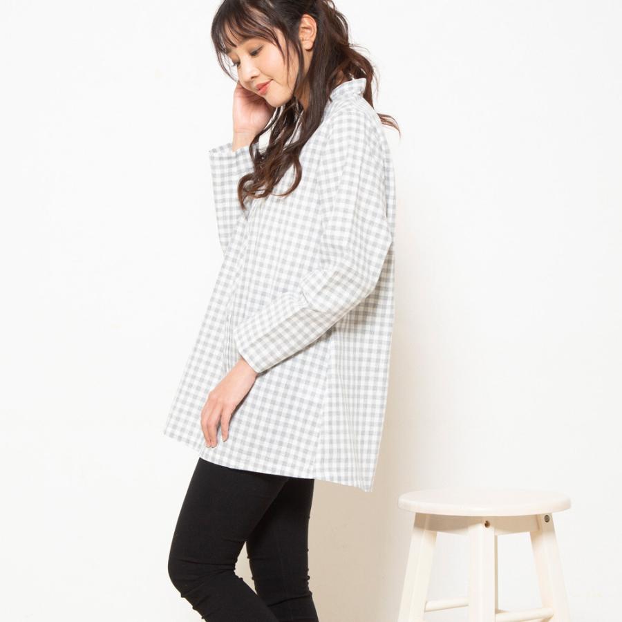 チュニック シャツチュニック ギンガムチェック柄スタンドカラーV開き  