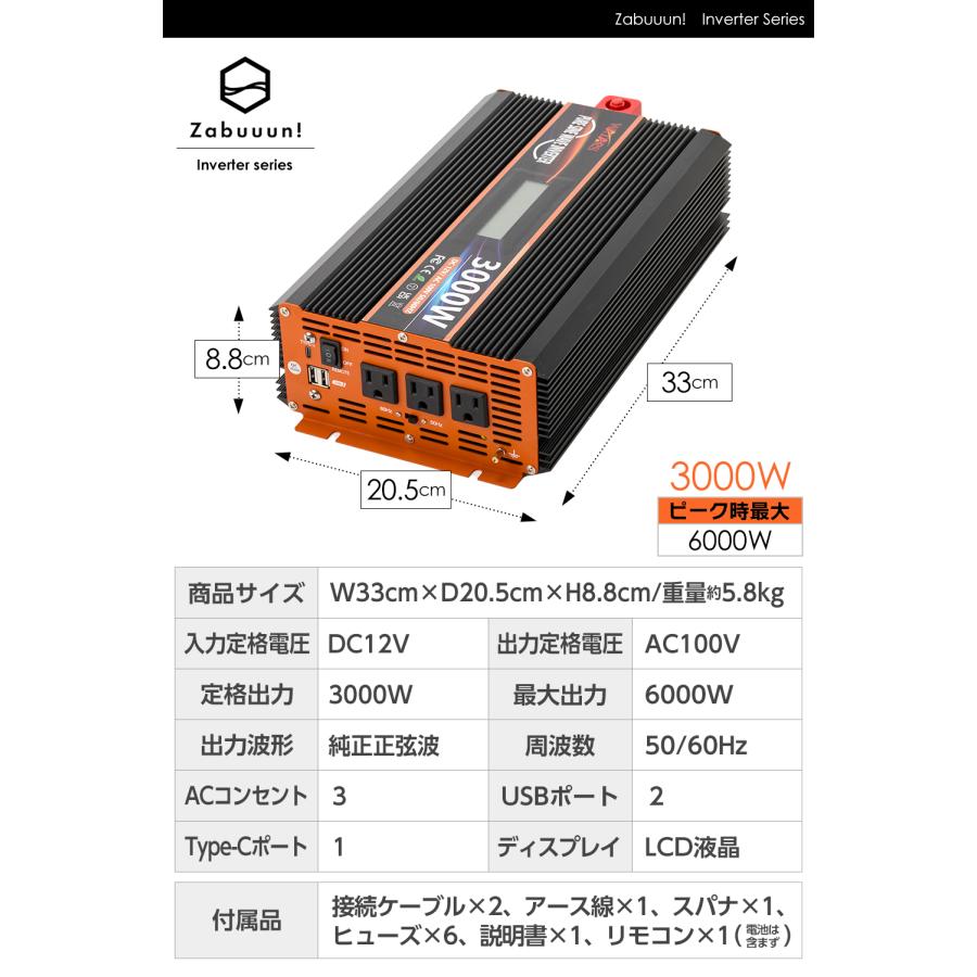 定格3000W 最大6000W【国際規格認証】正弦波 インバーター DC12V 定格3000W 最大6000W【国際規格認証】正弦波 インバーター DC12V