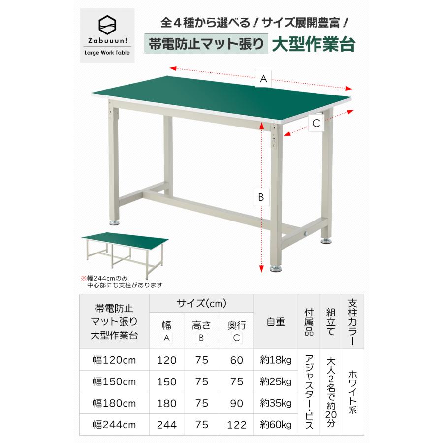 作業台 幅244cm×奥行112cm カンタン組立 帯電防止マット 工作台 ワーク