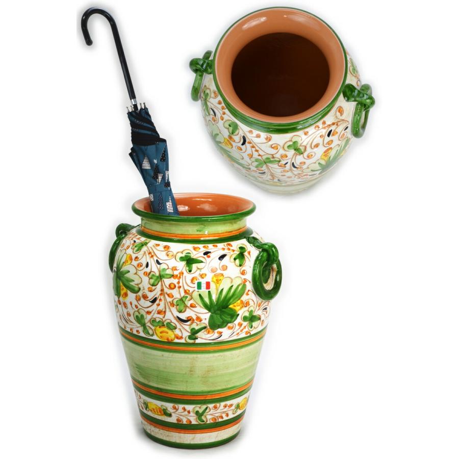 イタリア製 陶器 傘立て 花柄 アイボリー グリーン アンブレラスタンド