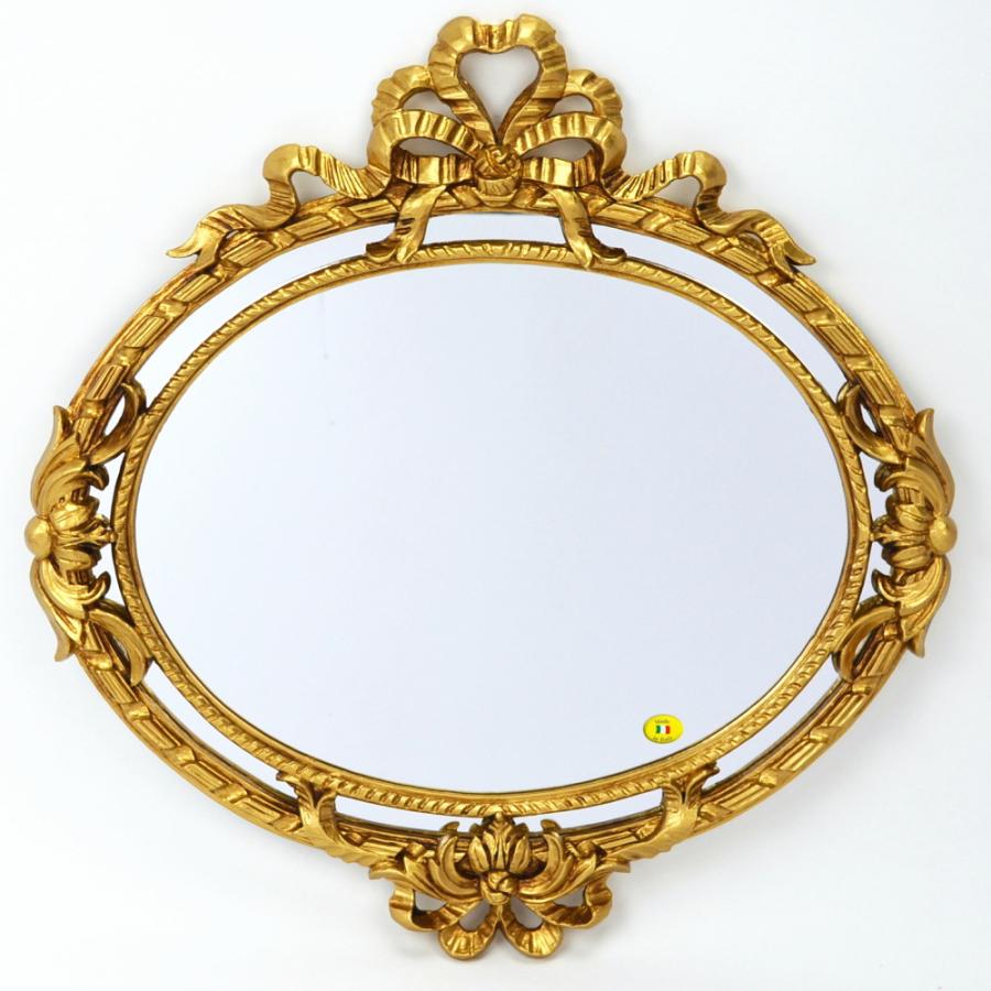 壁掛けミラー イタリア製 ゴールド リボン レリーフ 横ウォールミラー