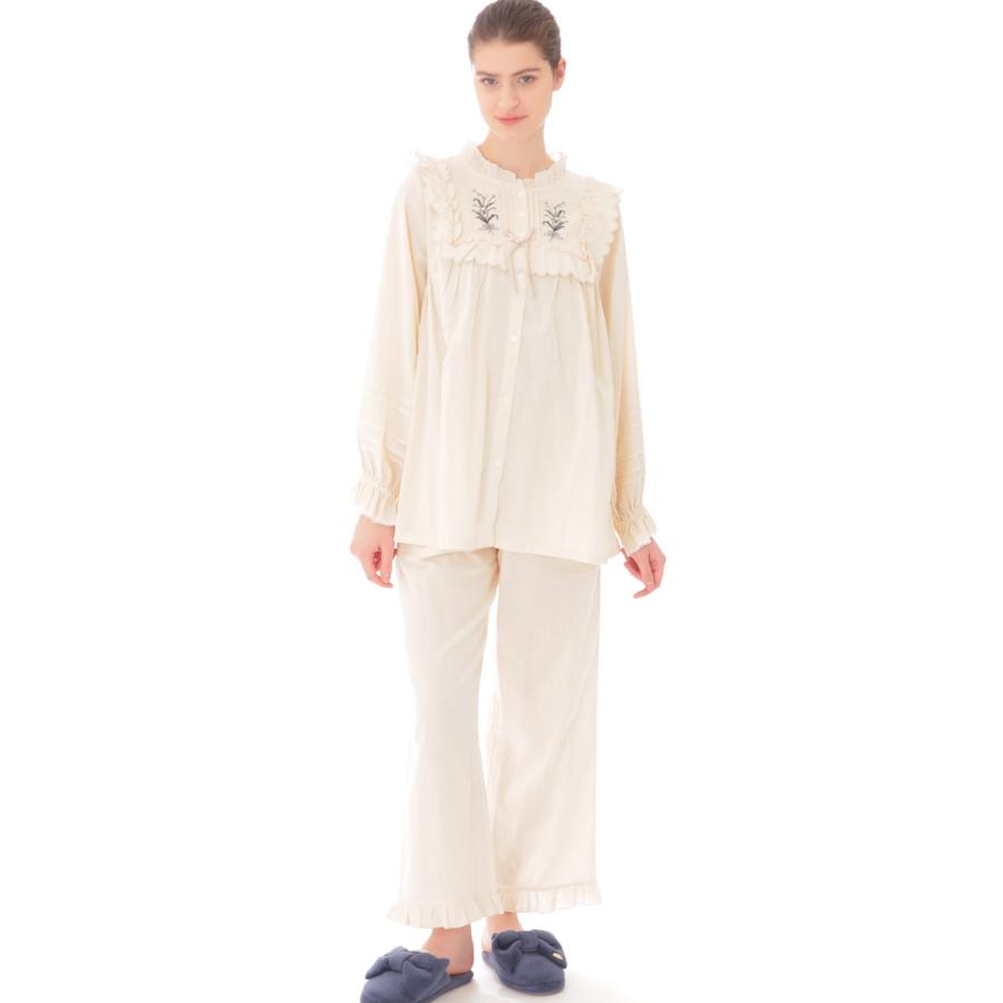 ナルエー パジャマ ダブルガーゼ フラワーブーケ刺繍 ベージュ