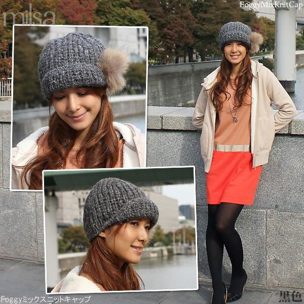 Foggyミックス ニットキャップ CAP レディース コサージュ付