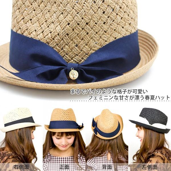 ハット レディース 春夏 麦わら帽子 ストローハット リボン 中折れ