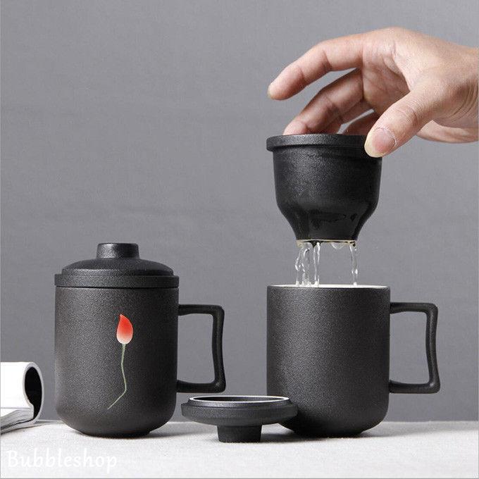 備前焼　茶ごし付 蓋付きマグカップ （ひびひび加工） 新しいコーヒーカップ。蓋つき。大ぶりで便利なカップ