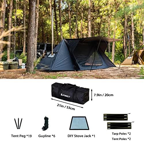 STOVEHUT BLACK パップテント 2人用 キャンプ&ハイキング ドアポール2本とテントポール2本付き、ブッシュクラフター用 ストーブテント 