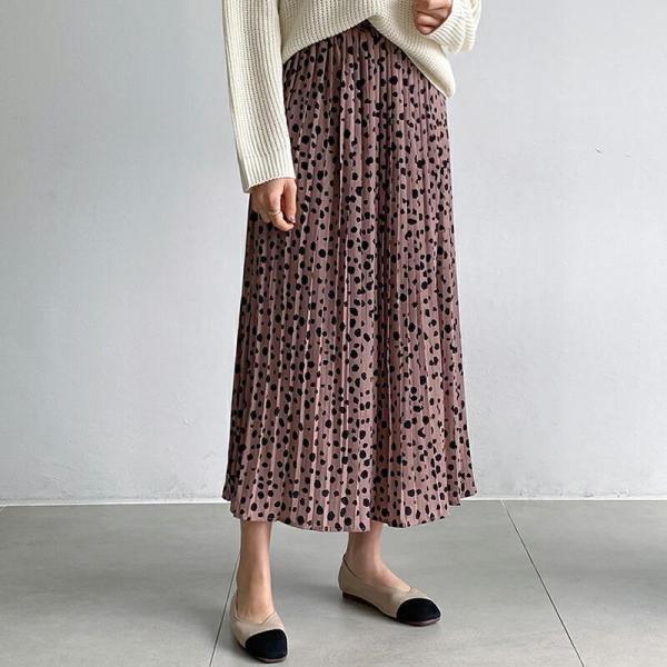 ダルメシアン柄 プリーツスカート ボトムス ロング丈 くすみ