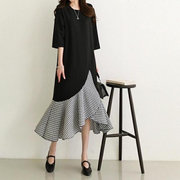 Tシャツワンピース ギンガムチェック柄 切替え ドッキング