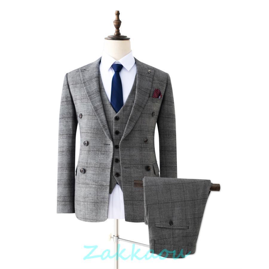 スリーピーススーツ メンズ ビジネス スリムスーツ 千鳥格子 グレン