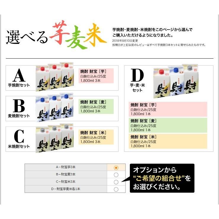 (最短当日出荷) 焼酎 セット 飲み比べ 芋焼酎 麦焼酎 米焼酎 財宝 白麹 紙パック 1800ml 3本 ギフト 鹿児島｜zaihou｜04