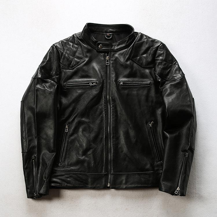 本革ジャケット メンズ 立襟 カジュアル レザー 斜め菱形模様 バイク用