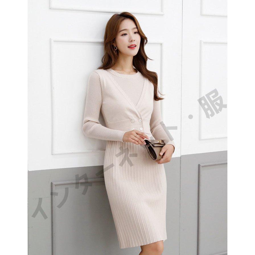 送料無料 ニットワンピース レディース 長袖 丸首 ワンピース ひざ丈