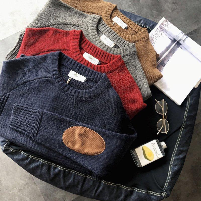 新品★羊革エルボーパッチ ウールリブニット マフラー付きセータージャケット（Ｌ） ニットセーター メンズ ニット 秋 トップス 長袖 クルーネック 肘当て