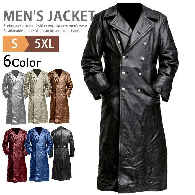 レザーロングトレンチコート メンズ ダブル ライダースジャケット