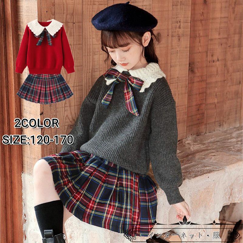 レディース 長袖 花柄 ニット チェックスカート 赤 白 秋服 冬服