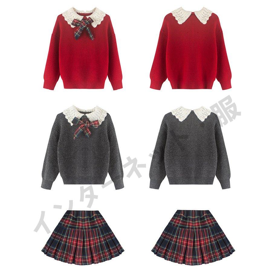 女の子 長袖 セーター チェック プリーツスカート 2点セット 上下セット ニット ショートワンピース 子供 韓国風子供服 カジュアルコーデ 秋 冬 | ブランド登録なし | 06