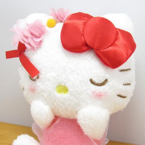 白色リボン付きキティちゃんぬいぐるみ ちりめんハローキティ「ぬいぐるみL」ASN-HKNL